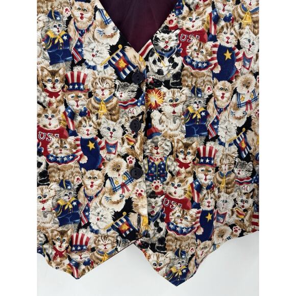 Castle Rock Vintage Vest Womens Large Cats USA American Flag Satin Button Retro - Picture 6 of 15